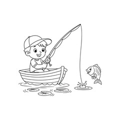Cute Boy Fishing in a Wooden Boat Coloring Page