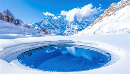 A stunning landscape of a frozen lake reflecting the snow-covered mountains under a clear blue sky, capturing the beauty of winter.