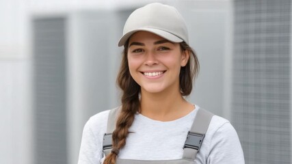Young woman with a cap and relaxed expression standing in an urban environment with a positive vibe and friendly demeanor 4k video footage
