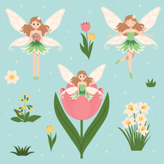Cute fairy clipart set with flowers leaves and sparkles. Magical fairies illustration bundle with floral accents and sparkle
