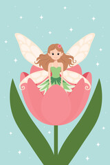 Flower fairy sitting in tulip spring fantasy illustration. Cute tulip fairy girl clipart magical spring bloom