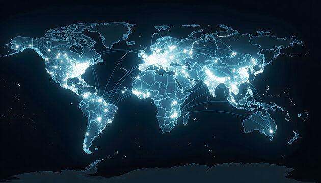 Global Network Connections Illuminated World Map with City Lights and Data Transfer Visualization.