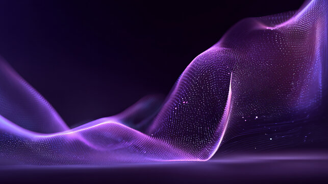 Abstract gradient particle waves seamlessly flowing with soft purple light and bokeh. Orange and blue digital waves. Technology, engineering, science, and artificial intelligence background