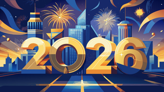 Very beautiful elegant New Year greeting design featuring bold golden 2026 numerals, soft glowing highlights, and abstract shimmering fireworks set against a refined blue geometric background, perfect