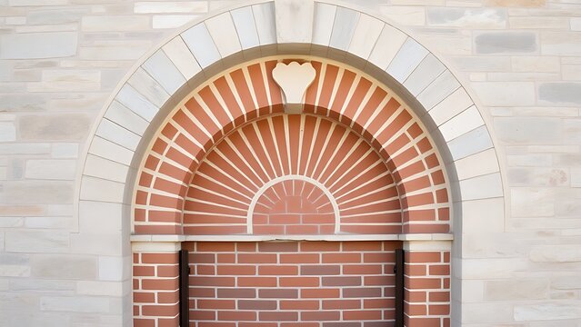 mediocrity. Stone arch doorway with radial brick pattern and central keystone in daylight. real-estate listings.