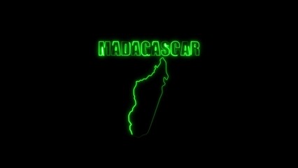 Neon green outline of Madagascar island and text on black background image