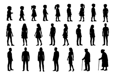 People of different ages silhouettes set. Vector flat illustrations of human age stages. From baby to senior silhouettes