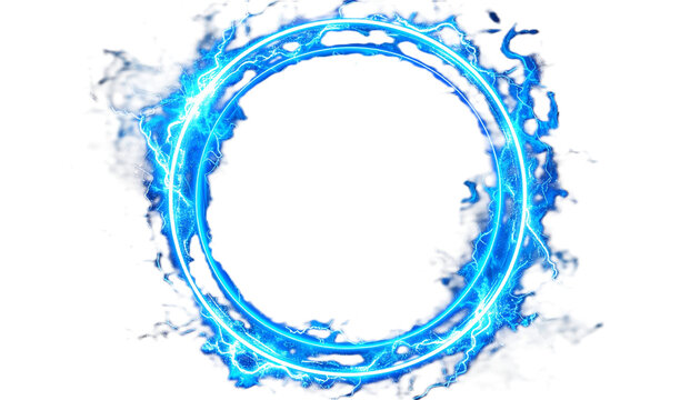 Circular blue electric portal frame, lightning thunder ring with glowing energy bolts transparent isolated PNG cut out