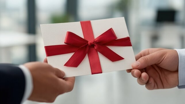 A gift card is being handed over, wrapped with a red ribbon, symbolizing celebration and special occasions in a professional setting.
