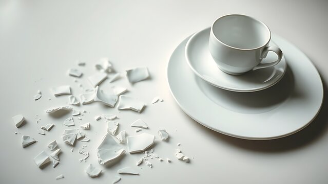porosity. Broken porcelain fragments beside a flawless dinnerware set on a neutral tabletop. wellbeing guides, coaching materials, designed for mental health education and mindfulness programs.