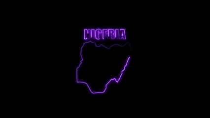 Outline of Nigeria in glowing purple neon text and map on black background country Africa