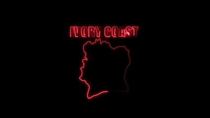 Red neon outline map of Ivory Coast with text Ivory Coast map country map