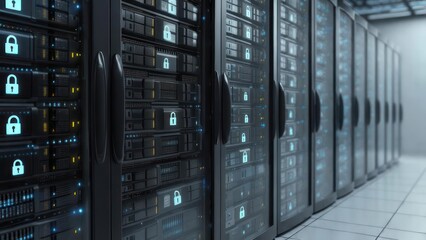 Server racks in data center with security locks