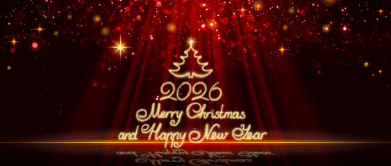 Merry Christmas and Happy New Year handwritten lettering phrase isolated on red.