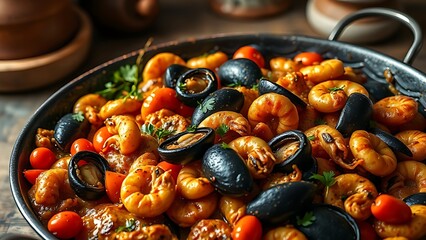 Fototapeta premium paella. A close-up of Spanish seafood paella in a traditional pan, rich in color and culinary tradition. inspires cooking, menu design, designed for food delivery and cloud-kitchen brand materials.