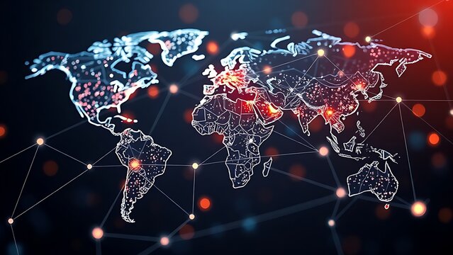 nodes. Global connectivity concept shown through abstract network patterns with light trails and nodes. product launch decks, UI/UX mockups, designed for product launches and innovation pitches. - Powered by Adobe