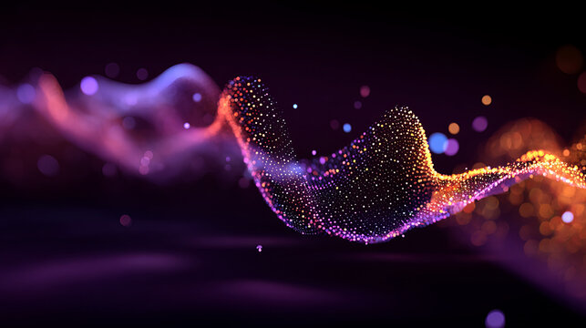 Abstract gradient particle waves seamlessly flowing with soft purple light and bokeh. Orange and blue digital waves. Technology, engineering, science, and artificial intelligence background