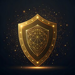 Fototapeta premium Golden digital shield with glowing particles and network connections