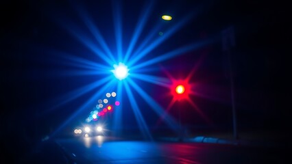 fracas. Emergency vehicle lights cast abstract blue and red patterns on a dark, atmospheric street at night. mobility guides, transit brochures, designed for mobility and urban transit guides.