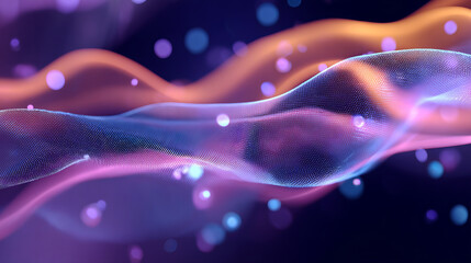 Abstract gradient particle waves seamlessly flowing with soft purple light and bokeh. Orange and blue digital waves. Technology, engineering, science, and artificial intelligence background
