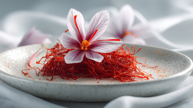 Delicate saffron threads and a single bloom arranged on a textured plate with soft fabric in the background - Powered by Adobe