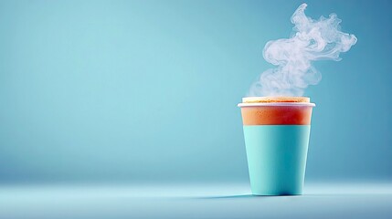 A colorful coffee cup with steam rising against a blue background, creating a minimalist and inviting composition.