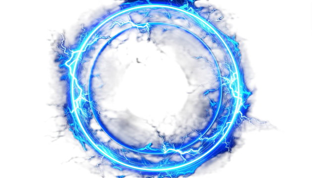 Circular blue electric portal frame, lightning thunder ring with glowing energy bolts transparent isolated PNG cut out