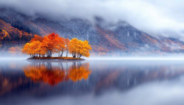 A small island with a cluster of trees in autumn colors is reflected in a calm lake. Mountains and fog create a serene, atmospheric landscape. - Powered by Adobe
