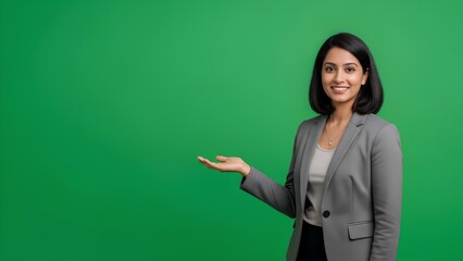 Smiling businesswoman in a gray suit pointing to the right on a green screen background