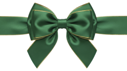 Green satin Christmas gift bow with gold trim on a transparent background PNG image