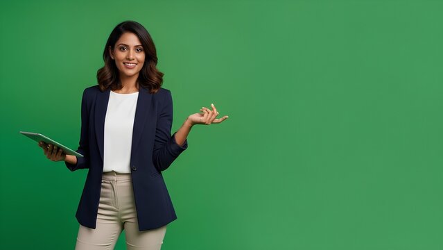 Confident businesswoman holding a tablet and gesturing with her hand on a green background