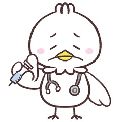 注射を持って困っている白い鳥のイラスト
