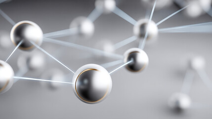 Minimal metallic spheres connected by glowing lines, abstract network structure, futuristic technology, soft focus, modern digital concept