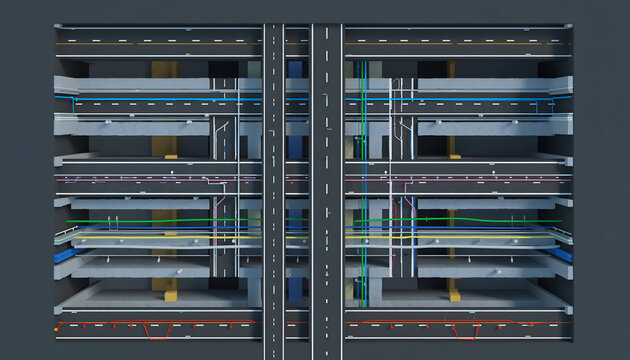 Crosssection Diagram of MultiLevel Urban Highway and Infrastructure System with Roads, Tunnels, and Transportation Network. - Powered by Adobe