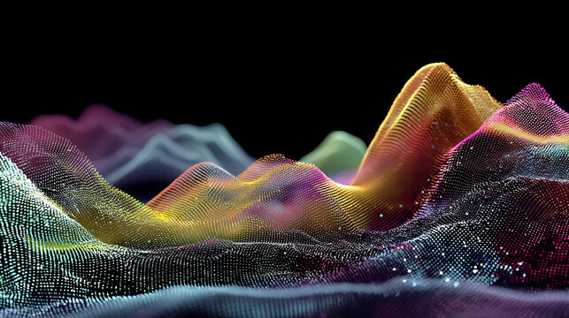 Abstract gradient particle waves seamlessly flowing with soft purple light and bokeh. Orange and blue digital waves. Technology, engineering, science, and artificial intelligence background - Powered by Adobe