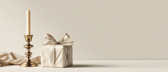 candlestick with burning candle and elegant gift box as a valentine // birthday / christmas holiday minimalistic beige background