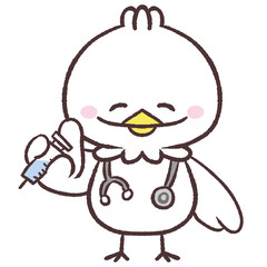 Fototapeta premium ニッコリして注射器を持つ白い鳥のイラスト