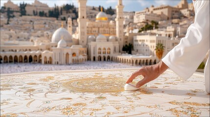 A man's hand places a white object on an ornate, embroidered surface. In the background, a large mosque complex is visible, bathed in sunlight.