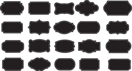 Black decorative label silhouettes, vintage frame shapes, retro outline badge, ornate geometric borders, empty tag design graphics, bllack and white 