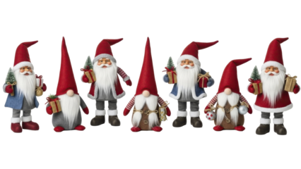 Christmas gnomes and Santa Claus figures with gifts, transparent PNG file.