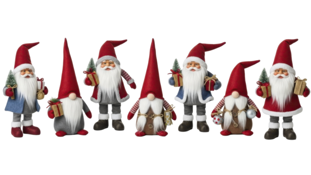Christmas gnomes and Santa Claus figures with gifts, transparent PNG file.