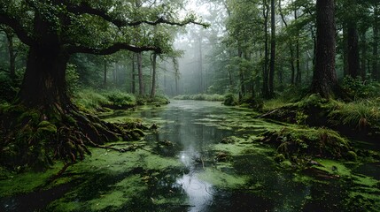 Obraz premium Mysterious swamp landscape featuring cypress trees with large roots and water covered in bright green algae under a thick foggy atmosphere.