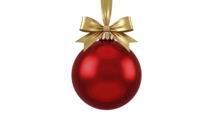 Glossy Red Christmas Ornament with Golden Bow Hanging on a Transparent Background PNG Image