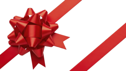 Shiny Red Christmas Gift Bow and Ribbons Diagonal Arrangement on a Transparent Background PNG image