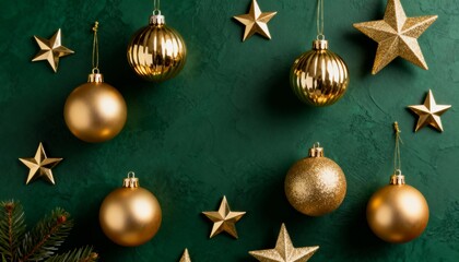 Fototapeta premium Dark Green Christmas Background with Gold Ornaments and Elegant Festive Glow