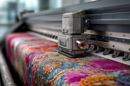 Modern industrial inkjet printer printing vibrant, colorful pattern on textile. Illustrate creative process, textile industry, innovative technology or manufacturing.