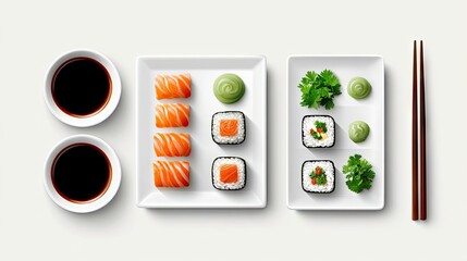 Overhead shot of a sushi arrangement with salmon nigiri, sushi rolls, soy sauce, wasabi, and chopsticks on white plates.