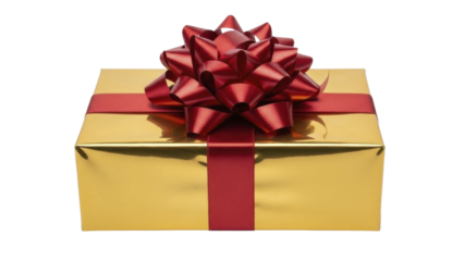 Gold gift box with red ribbon and bow on a transparent background PNG file