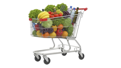 Christmas Holiday Grocery Shopping Cart Full of Fresh Produce and Bottles on a Transparent Background PNG File