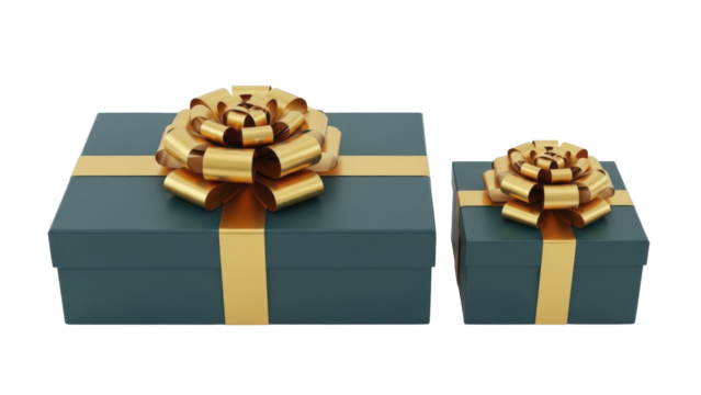 Two Christmas gift boxes with gold ribbons and bows, one large and one small, on a transparent background PNG image PNG file